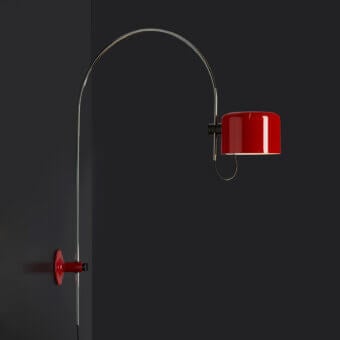 Elegant Oluce Coupé wall lamp crafted in Italy with a polished metal arm and vibrant red glossy lampshade delivers directional light