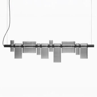 Exclusive Oluce Dancing Glass suspension lamp with individually adjustable reflectors in smoky grey glass and matte black metal
