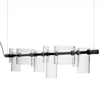 Distinguished Oluce Dancing Glass suspension lamp crafted in clear glass and matte black metal with a dynamic interplay of light and shadow