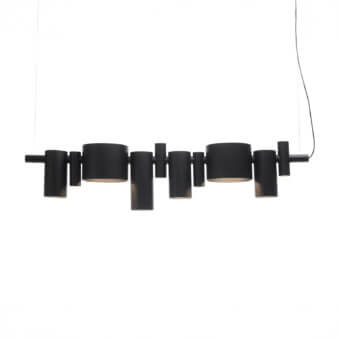 Captivating Oluce Dancing Queen suspension lamp crafted in matte black metal with a dynamic arrangement of cylindrical and conical lights