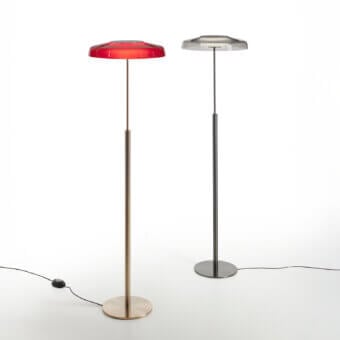Distinguished Oluce Dora floor lamp with reddish-orange translucent glass and golden brass metal built in Italy