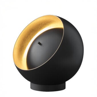 Superior Oluce Eva lamp crafted in black metal with adjustable opening revealing gold-leaf detailing and matte finish