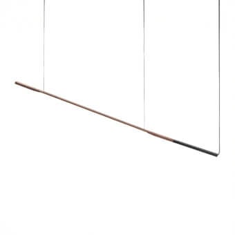 Elegant Oluce Ilo suspension lamp crafted in aluminum with a satin finish and warm wood-look exterior