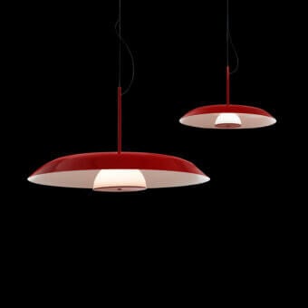 Distinguished Oluce Iride suspension lamp crafted in metal with an opaline glass diffuser and glossy red finish