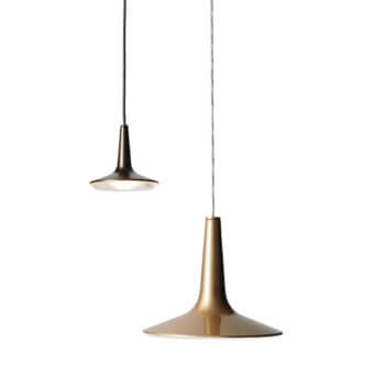 Elegant Oluce Kin suspension lamp crafted in cast aluminum with a warm golden-bronze finish and softly diffused LED core