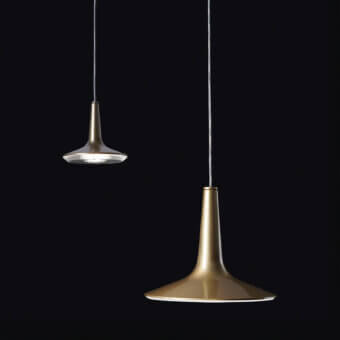 Distinguished Oluce Kin suspension lamp crafted in cast aluminum and methacrylate with a glossy golden tone