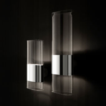 Distinguished Oluce Line wall lamp crafted in special oval Pyrex glass with polished aluminum and a silver-grey metallic band