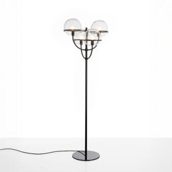 Superior Oluce Lyndon floor lamp crafted in matte black metal with translucent polycarbonate spheres for warm light