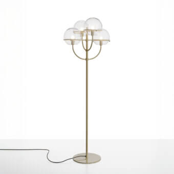 Elegant Oluce Lyndon floor lamp crafted in metal with clear polycarbonate spheres and warm gold satin finish