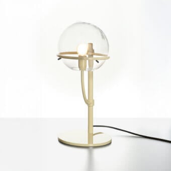 Distinguished Oluce Lyndon table lamp crafted in Italy with satin metal and transparent polycarbonate spheres