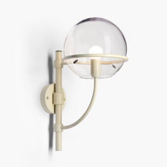Elegant Oluce Lyndon wall lamp crafted in metal with transparent polycarbonate spheres and a pale beige finish