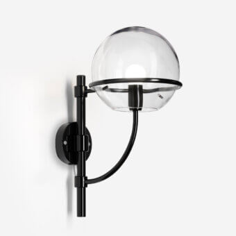 Superior Oluce Lyndon wall lamp with a sleek black metal frame and transparent polycarbonate spheres