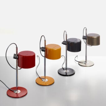 Elegant Oluce Coupé & Mini Coupé lamp with a glossy red finish and curved metal support delivers focused illumination