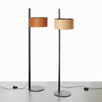 Exclusive Oluce Parallel floor lamp with a cylindrical lampshade in warm hammered leather and matte black metallic structure