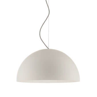 Timeless Oluce Sonora lamp suspension crafted in Italy with a broadly hemispherical off-white shade and matte finish