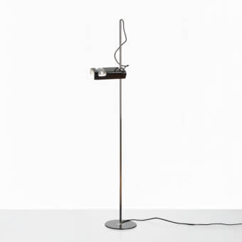 Superior Oluce Spider floor lamp crafted in fire-painted metal and chrome with a sleek matte black finish