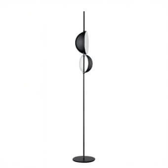Elegant Oluce Superluna floor lamp crafted in metal with a black finish and white shade exhibiting an asymmetrical silhouette