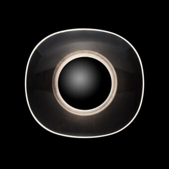 Superior Oluce Yolk wall lamp in dark gray and silvery-white with metal and glass for a refined, circular form