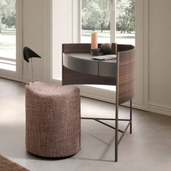 Exceptional Presotto Bloom desk with curved silhouette and refined leather top in Eucalyptus Dark finish