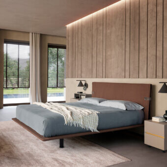 Exceptional Presotto Dress Code bed with wood veneer and metal feet, crafted in matte finish with integrated lighting