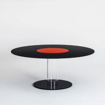 Stunning Glas Italia Hub lazy Susan table with glossy black tempered glass and vibrant red rotating disc in transparent borosilicate glass