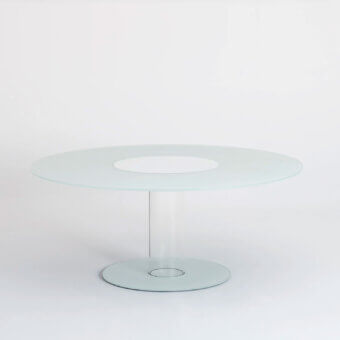Superior Glas Italia Hub lazy Susan table in pale blue-green tempered glass with a white opaque rotating disc and glossy lacquered finish