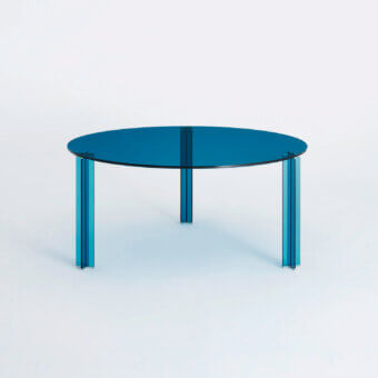 Captivating Glas Italia X-T round table in blue paste glass with 10mm tempered glass legs and UV-bonded construction
