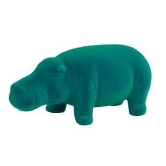 Emerald green hippo sculpture, plush velvety texture, rounded form, short legs, flat head, white background, diffused lighting.