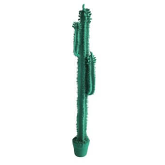 Artificial cereus cactus, emerald green, segmented columnar form with star-shaped protrusions in a cylindrical green pot against a white backdrop.