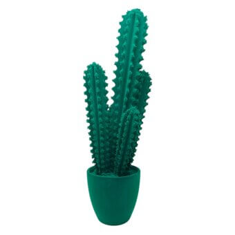 Teal cactus sculpture with two columnar segments and rounded spines, set in a matching teal, rounded pot against a white background.
