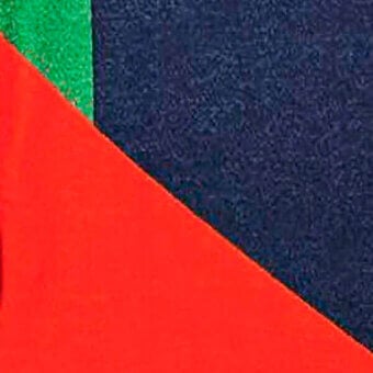 Abstract triangular composition of red, navy blue, and green with textured and swirling surface patterns, structured in a close-up studio setting.