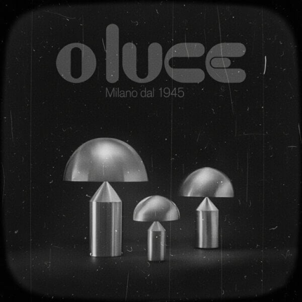 Oluce lamps graphic, grayscale, three mushroom-shaped polished metal lamps on textured dark background with brand text.