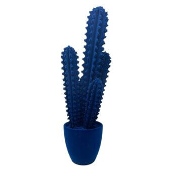 Artificial cactus in petrol blue with columnar segments and spines, set in a matching rounded pot against a white backdrop.