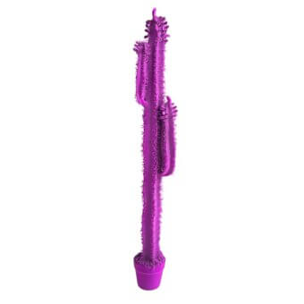 Purple cereus cactus sculpture, columnar form with star-shaped texture, cylindrical pot, contemporary decor, white background.