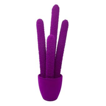 Purple cactus arrangement, fabric-textured stalks in a rounded pot, matte finish, studio lighting, white background, stylized decor.