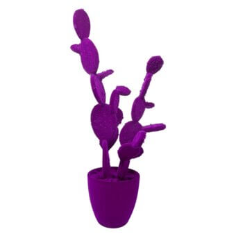 Purple prickly pear cactus in tapered pot, multiple paddle segments, smooth matte finish, against white backdrop, stylized artificial decor.