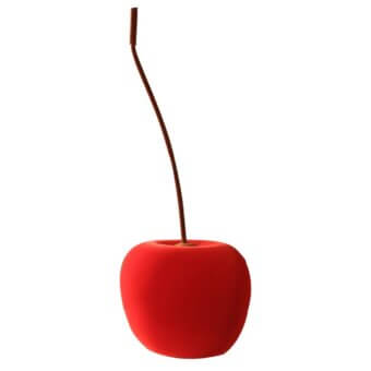 Cherry sculpture, red plush fabric, rounded form with curved brown stem, isolated on white background, soft texture, even lighting.