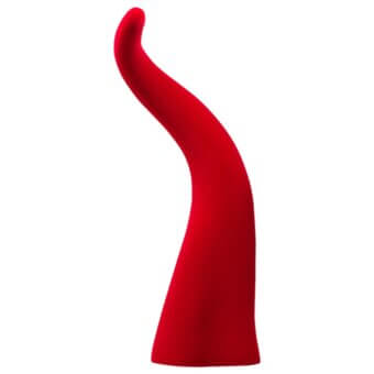 Ruby horn sculpture, red resin, curved monolithic form against white backdrop, matte finish, asymmetrical composition, studio lighting.