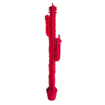 Red cereus cactus sculpture with dense, textured wool-like material, columnar form, branching arms, and cylindrical pot base against white backdrop.