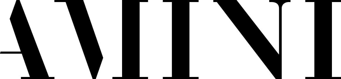 Amini logo, black sans-serif typography, vertically stacked letters with angular “A” and dripping “I” detail on a white background.