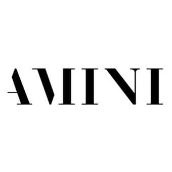 Monochromatic graphic layout displaying stacked “amini” text in bold sans-serif, featuring elongated strokes and a high-contrast black-on-white design.