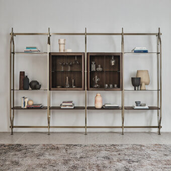Superior Bontempi Charlotte bookcase with satin wood and muted brass-toned metal, crafted in a balanced geometric form with glass doors