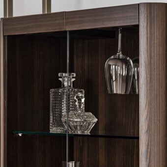 Distinguished Bontempi Charlotte bookcase crafted in dark satin wood with clear glass shelves and integrated stemware holders