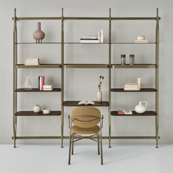 Exceptional Bontempi Charlotte bookcase with desk in muted brass-tone metal and dark brown veneered glass shelving
