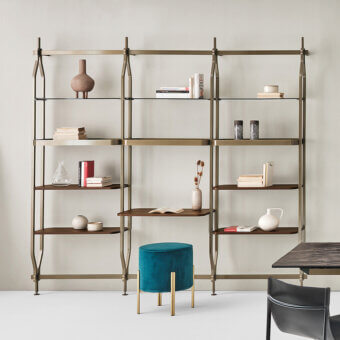 Superior Bontempi Charlotte bookcase with desk built in dark brown veneered wood and brass-toned metal with satin finish