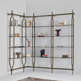 Architectural Bontempi Charlotte Corner bookcase crafted in matte olive-toned metal with transparent glass shelves for a contemporary display