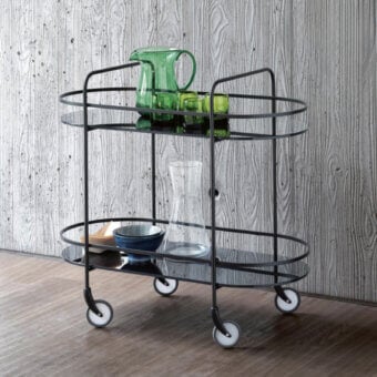 Elegant Bontempi Chic trolley with a matte dark gray metal frame and transparent glass shelves crafted in Italy