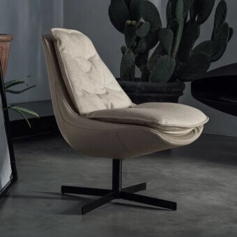 Elegant Bontempi Daya swivel lounge chair with softly padded textile cover and sleek matte black metal base