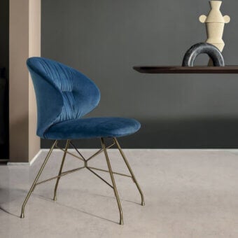 Exceptional Bontempi Drop chair with deep teal velvet upholstery and architectural spider base in brass-like metal with a textured matte finish