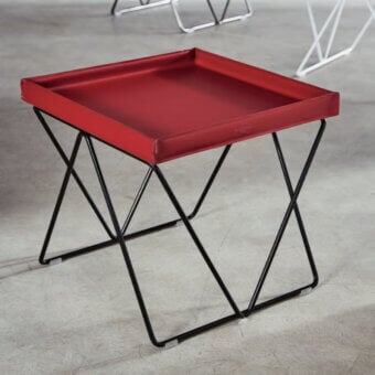 Exceptional Bontempi Flexus side table with vibrant red leather top and sleek black lacquered metal structure